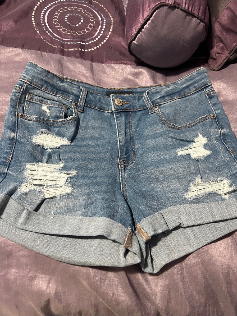 Aero- Classic Light Blue Distressed Rolled Hem Denim Shorts - Women High rise